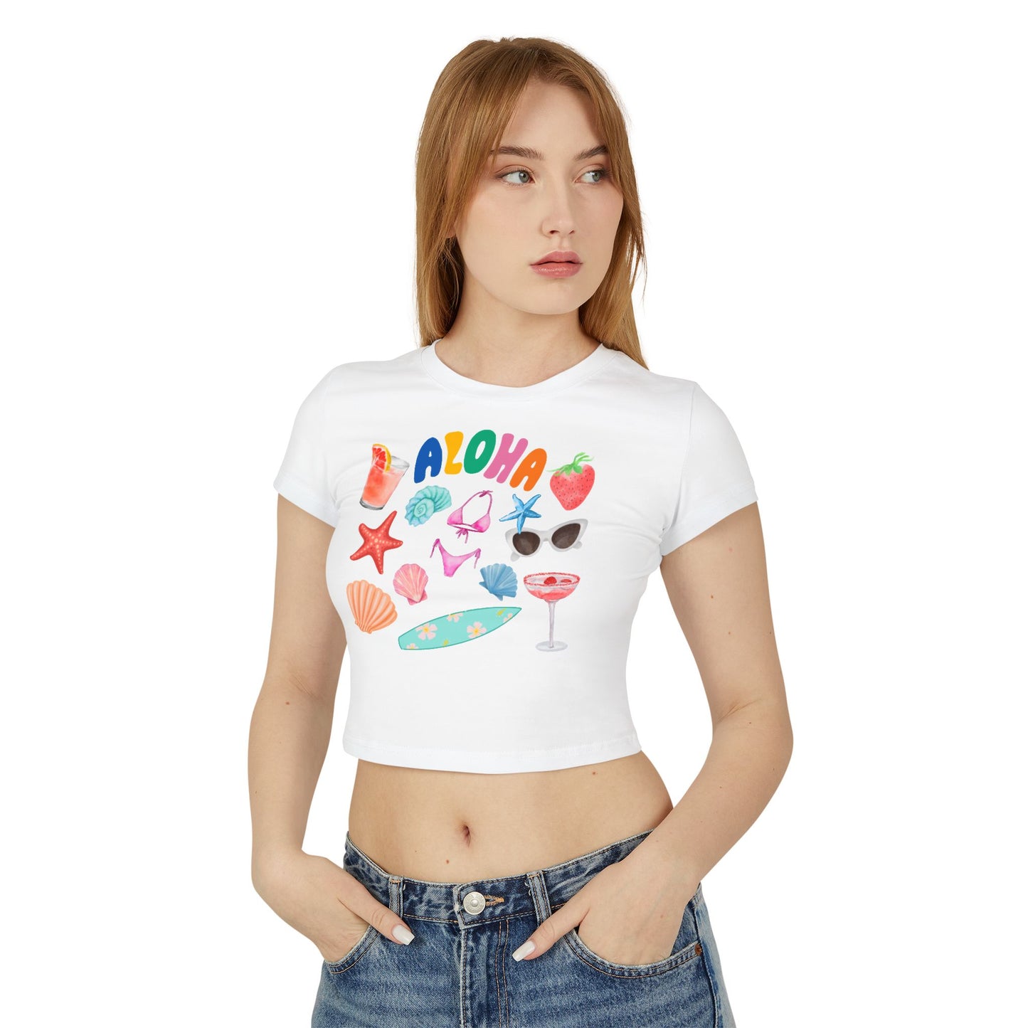 Aloha Summer Women's Baby Tee, Cute Beach Shirt, Tropical Summer Vibe, Vacation Outfit, Gift for Ocean Lovers