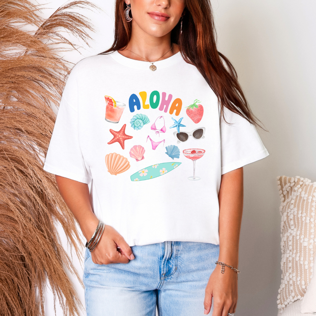 Aloha Tropical Vibes Unisex Heavy Cotton Tee | Summer Fashion, Beachwear, Laid-back Style, Gift for Him/Her, Vacation Outfit