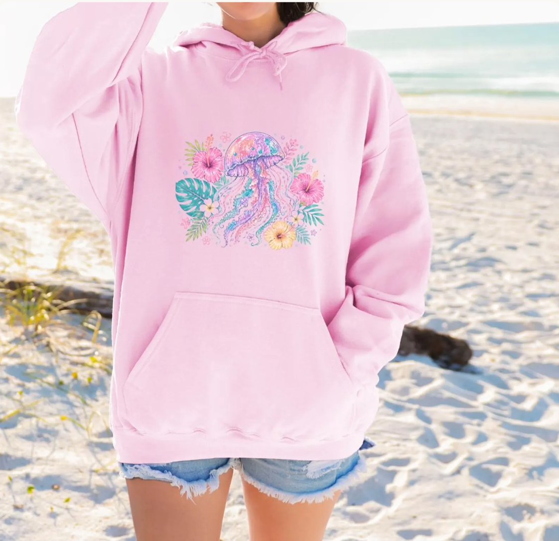 Pastel Jellyfish Hoodie, Watercolor Beach Oversized Sweatshirt, Tropical Hibiscus Flower Hooded Pullover, Coastal Granddaughter Aesthetic