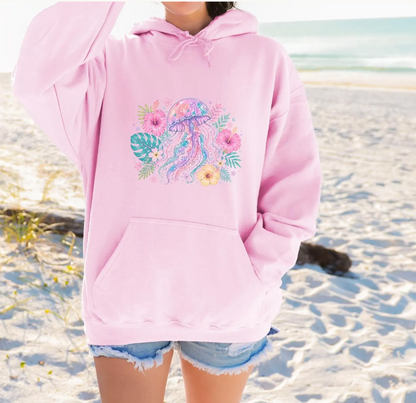 Pastel Jellyfish Hoodie, Watercolor Beach Oversized Sweatshirt, Tropical Hibiscus Flower Hooded Pullover, Coastal Granddaughter Aesthetic