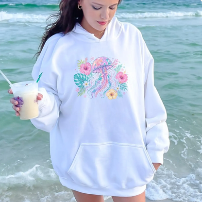 Pastel Jellyfish Hoodie, Watercolor Beach Oversized Sweatshirt, Tropical Hibiscus Flower Hooded Pullover, Coastal Granddaughter Aesthetic