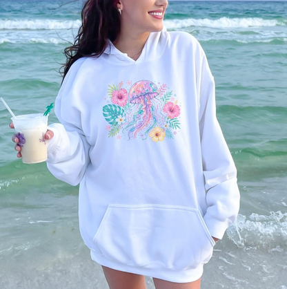 Pastel Jellyfish Hoodie, Watercolor Beach Oversized Sweatshirt, Tropical Hibiscus Flower Hooded Pullover, Coastal Granddaughter Aesthetic