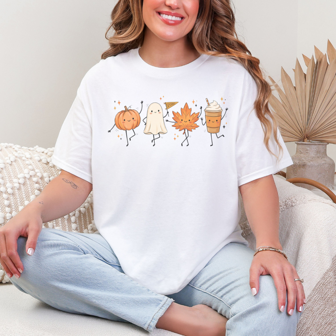 Autumn Friends Tee — Pumpkin, Ghost, Maple Leaf & Pumpkin Spice Shirt