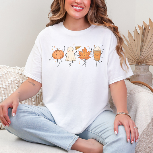 Autumn Friends Tee — Pumpkin, Ghost, Maple Leaf & Pumpkin Spice Shirt