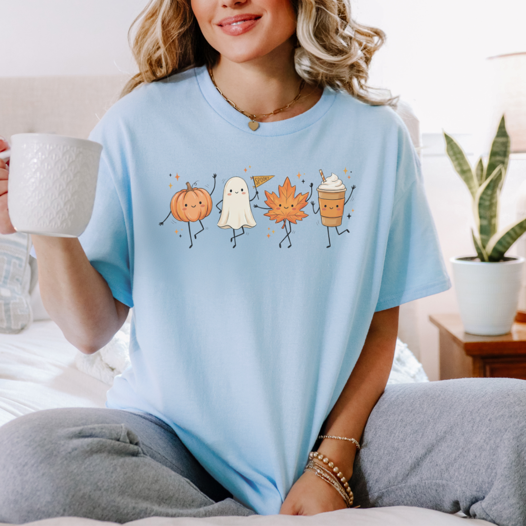 Autumn Friends Tee — Pumpkin, Ghost, Maple Leaf & Pumpkin Spice Shirt