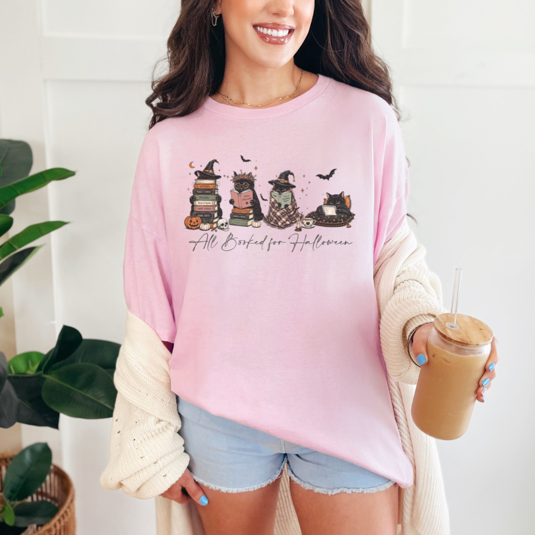 All Booked for Halloween Shirt | Cute Spooky Cat Book Lover Tee