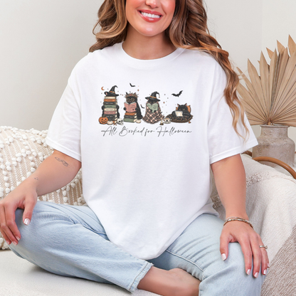 All Booked for Halloween Shirt | Cute Spooky Cat Book Lover Tee