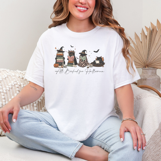 All Booked for Halloween Shirt | Cute Spooky Cat Book Lover Tee