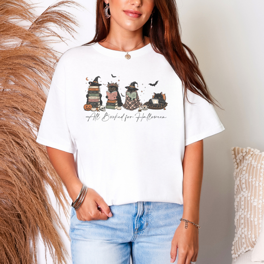 All Booked for Halloween Shirt | Cute Spooky Cat Book Lover Tee