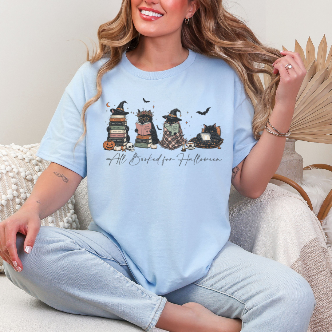 All Booked for Halloween Shirt | Cute Spooky Cat Book Lover Tee