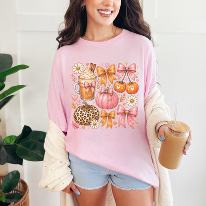 Coquette Pumpkin & Pink Bow Autumn Graphic Tee