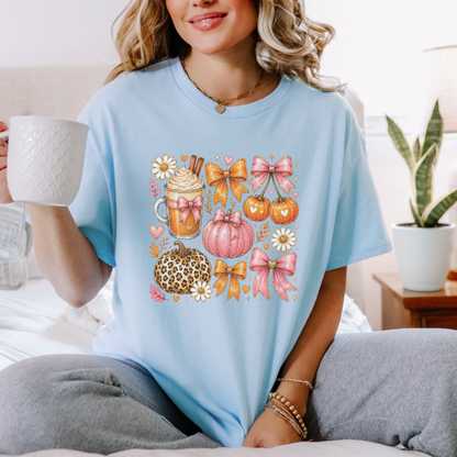 Coquette Pumpkin & Pink Bow Autumn Graphic Tee
