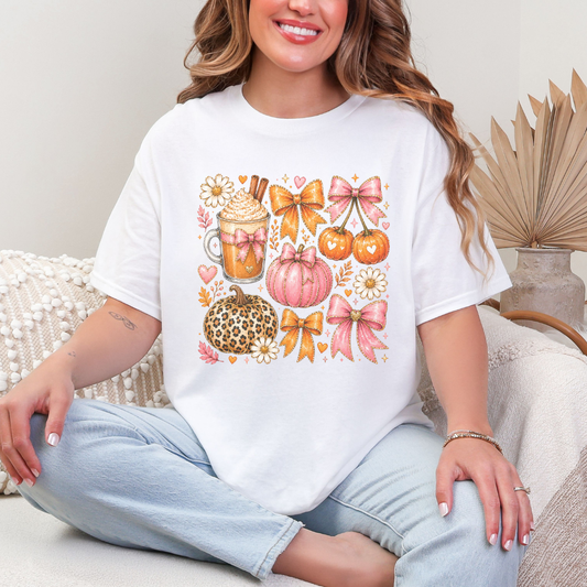 Coquette Pumpkin & Pink Bow Autumn Graphic Tee