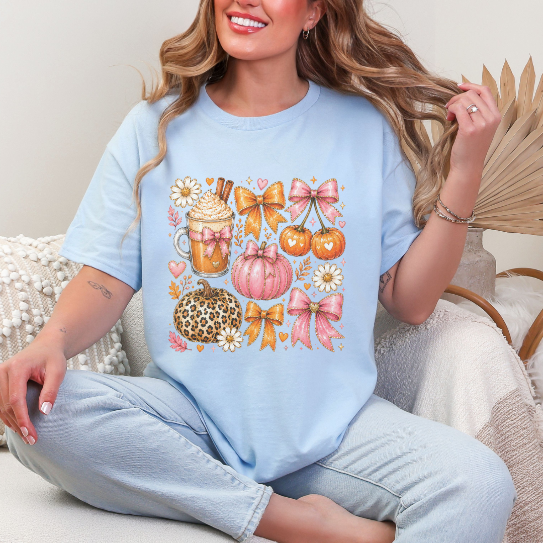 Coquette Pumpkin & Pink Bow Autumn Graphic Tee