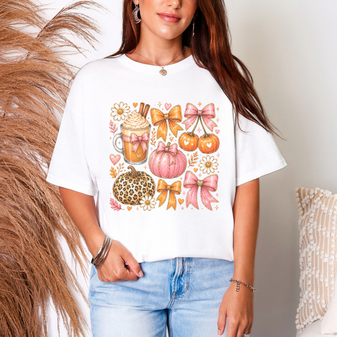 Coquette Pumpkin & Pink Bow Autumn Graphic Tee