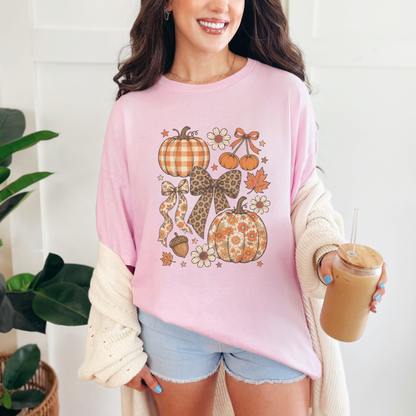 Retro Coquette Pumpkin T-Shirt | Leopard Bow & Floral Autumn Graphic Tee