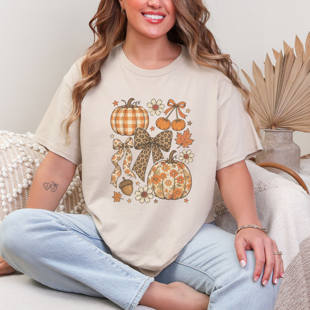 Retro Coquette Pumpkin T-Shirt | Leopard Bow & Floral Autumn Graphic Tee