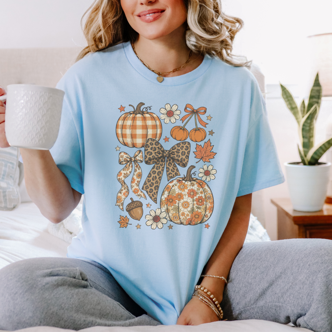 Retro Coquette Pumpkin T-Shirt | Leopard Bow & Floral Autumn Graphic Tee