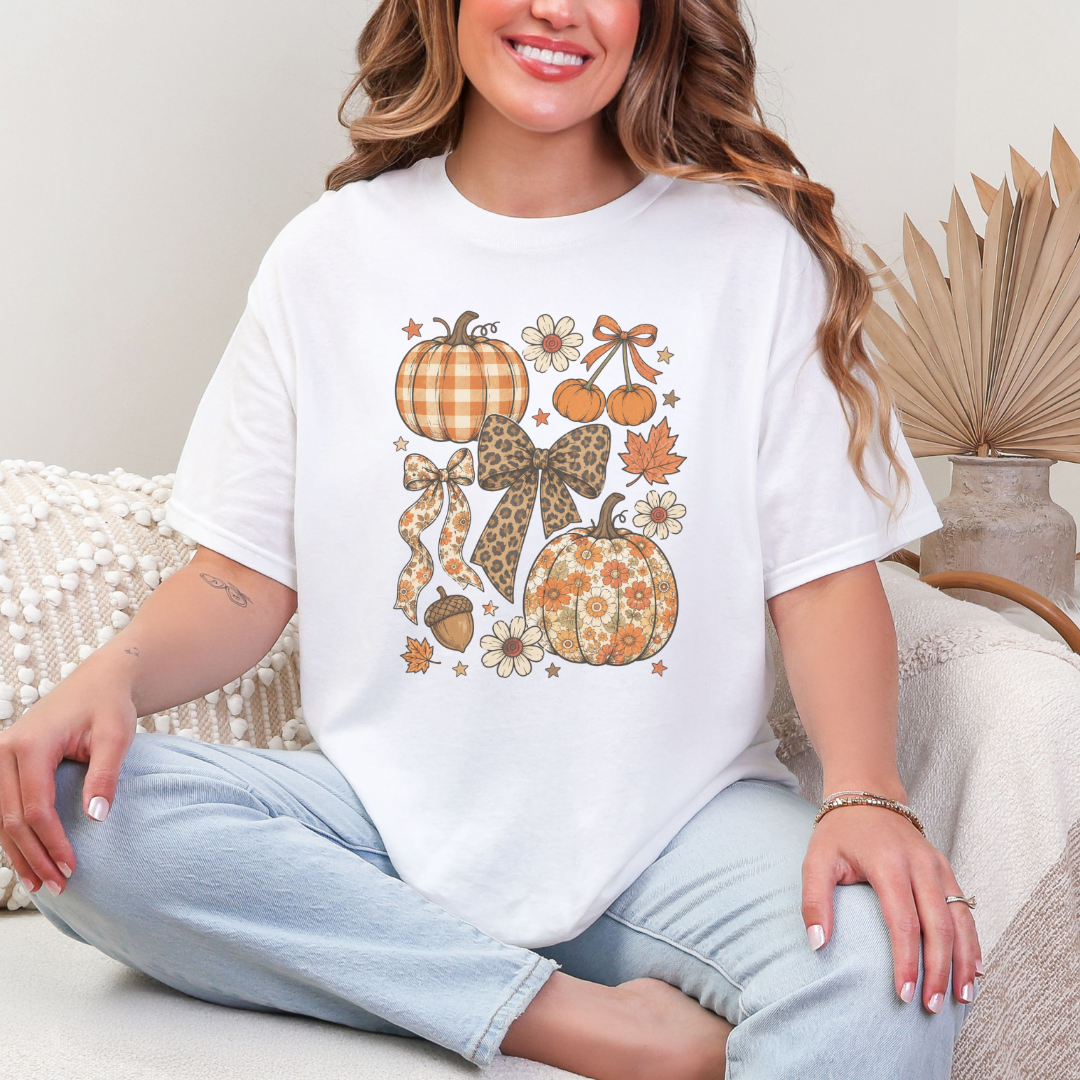 Retro Coquette Pumpkin T-Shirt | Leopard Bow & Floral Autumn Graphic Tee
