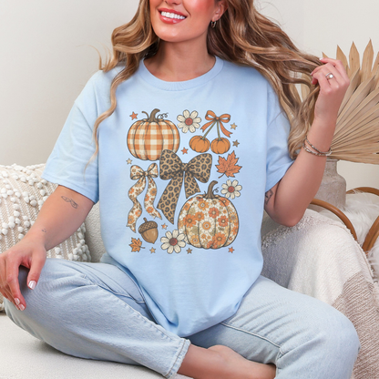 Retro Coquette Pumpkin T-Shirt | Leopard Bow & Floral Autumn Graphic Tee