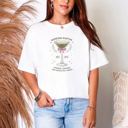 Espresso Martini Graphic Tee - Coquette Bow Cocktail Shirt, Cute Oversized T-Shirt, Bachelorette Party Shirt, Trendy Graphic Tee