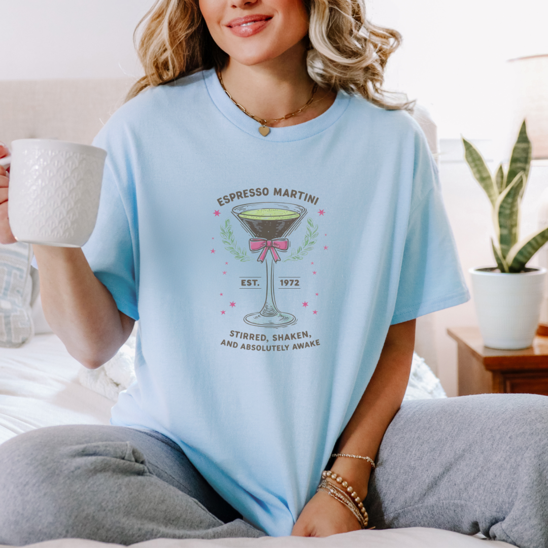 Espresso Martini Graphic Tee - Coquette Bow Cocktail Shirt, Cute Oversized T-Shirt, Bachelorette Party Shirt, Trendy Graphic Tee