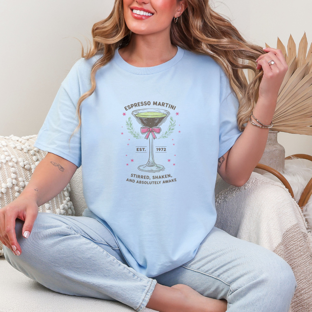 Espresso Martini Graphic Tee - Coquette Bow Cocktail Shirt, Cute Oversized T-Shirt, Bachelorette Party Shirt, Trendy Graphic Tee